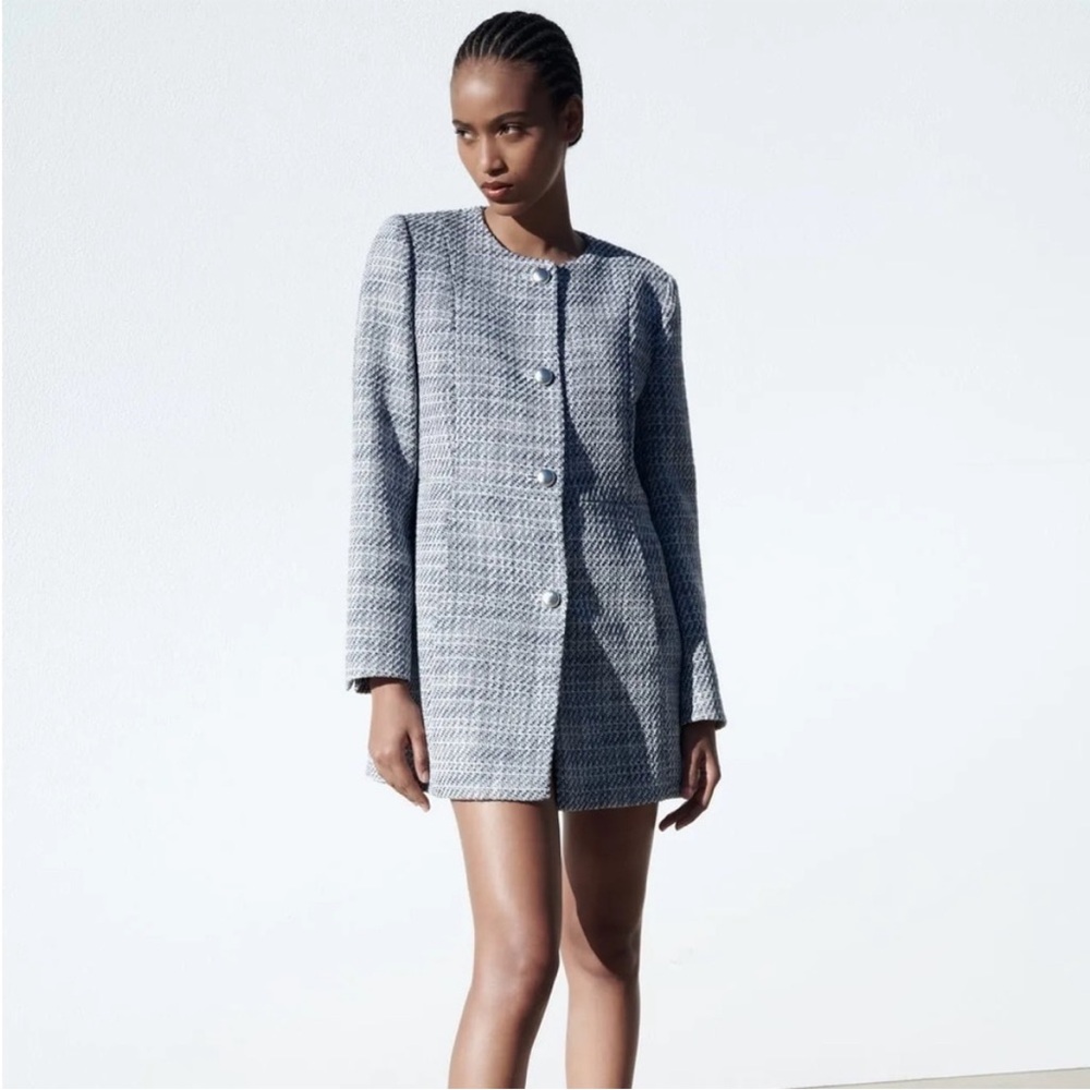 Zara Long Structured Tweed Button Down Blazer Coat Small